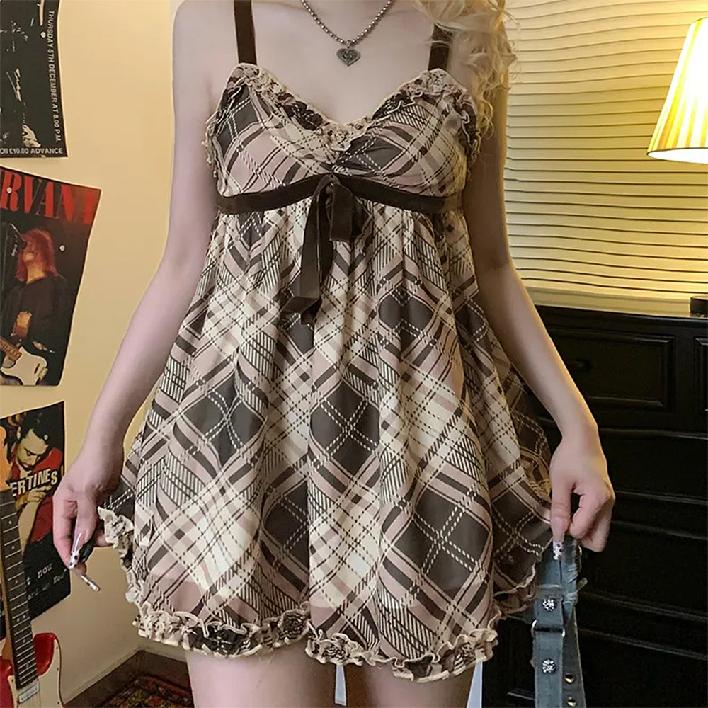 Plaid Babydoll Sweetheart Lace Trim Velvet Bow Empire Mini Dress 2