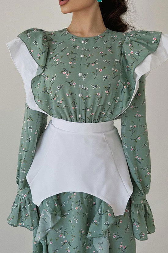 Ditsy Floral Print Oversized Ruffle Shoulder Corset Belt Long Sleeve Midi Dress 2