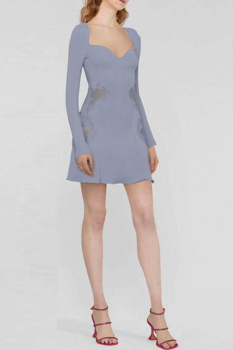 Sweetheart Neck Rib Knit Long Sleeve Lace Insert Waist Panel Mini Dress