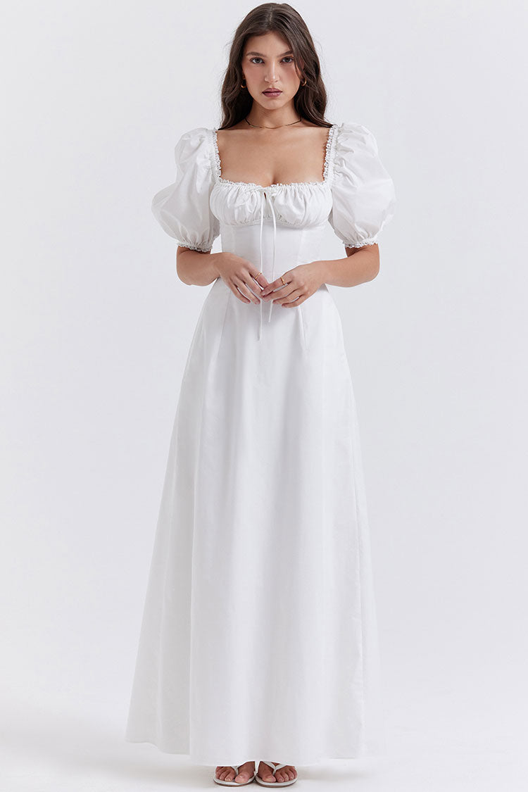 Off Shoulder Puff Sleeve Tie Neck Milkmaid Corset Seam Maxi Dress 4