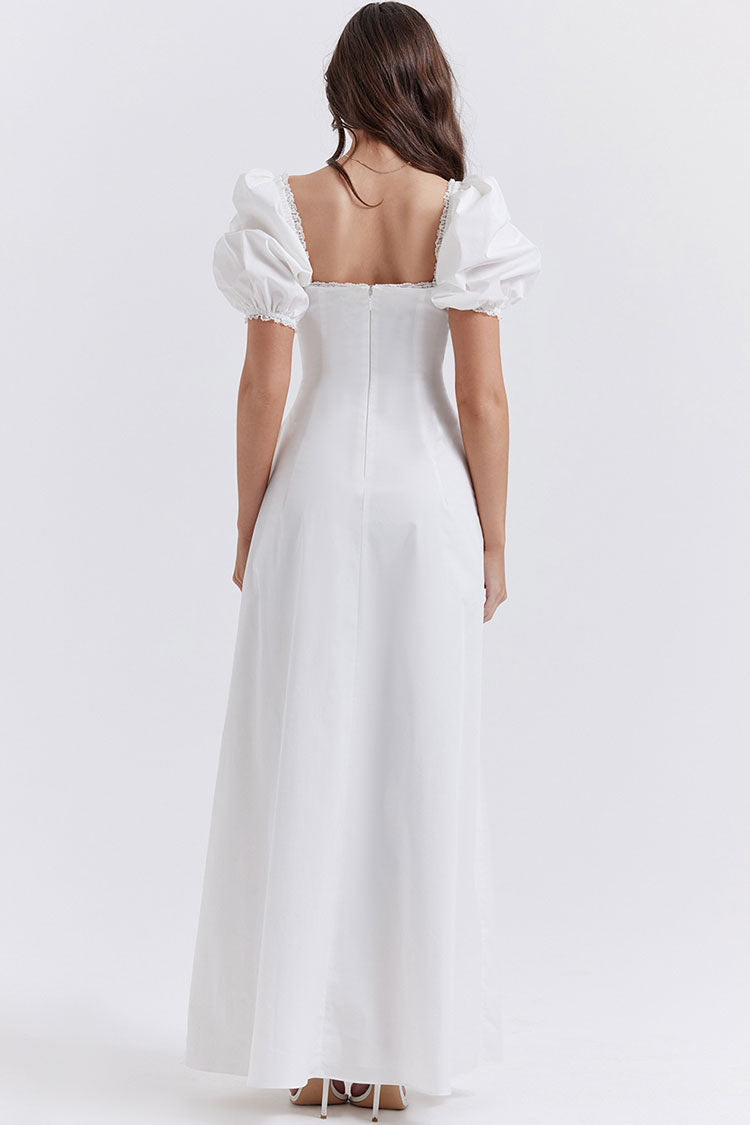Off Shoulder Puff Sleeve Tie Neck Milkmaid Corset Seam Maxi Dress 6