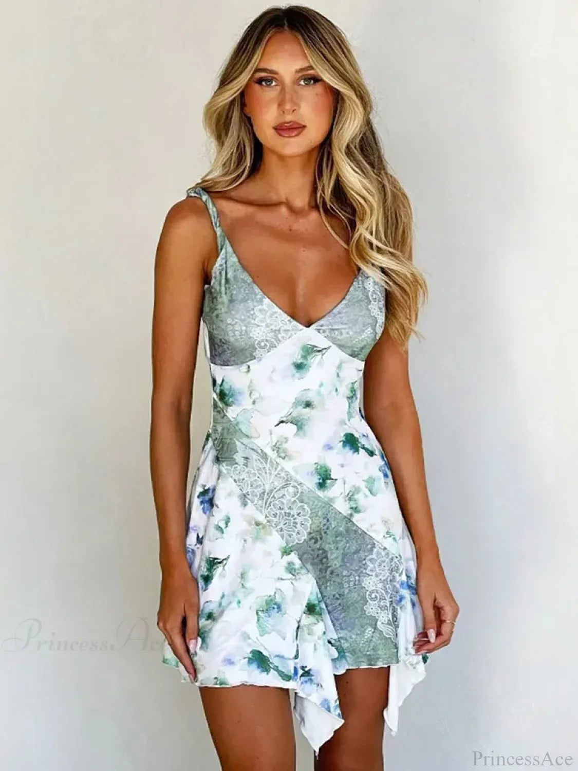 Patchwork Floral Paisley Print Scoop Neck Asymmetric Hem Mini Dress 4