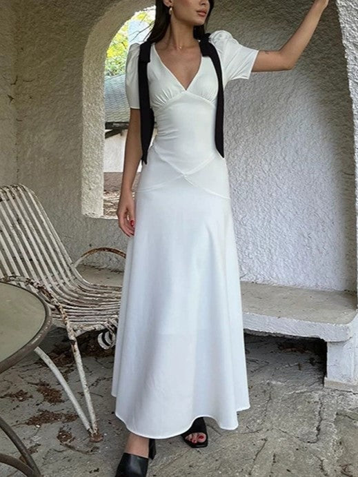Deep V Puff Sleeve Tie Bow Waist Pleated Maxi Dress 2