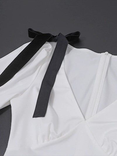 Deep V Puff Sleeve Tie Bow Waist Pleated Maxi Dress 7