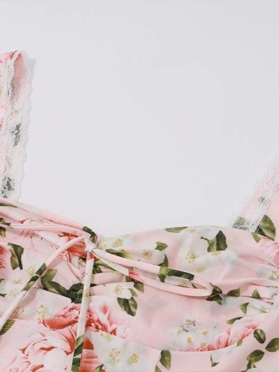Sweetheart Lace Trim Spaghetti Strap Tiered Floral Maxi Dress 6