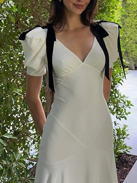 Deep V Puff Sleeve Tie Bow Waist Pleated Maxi Dress 5