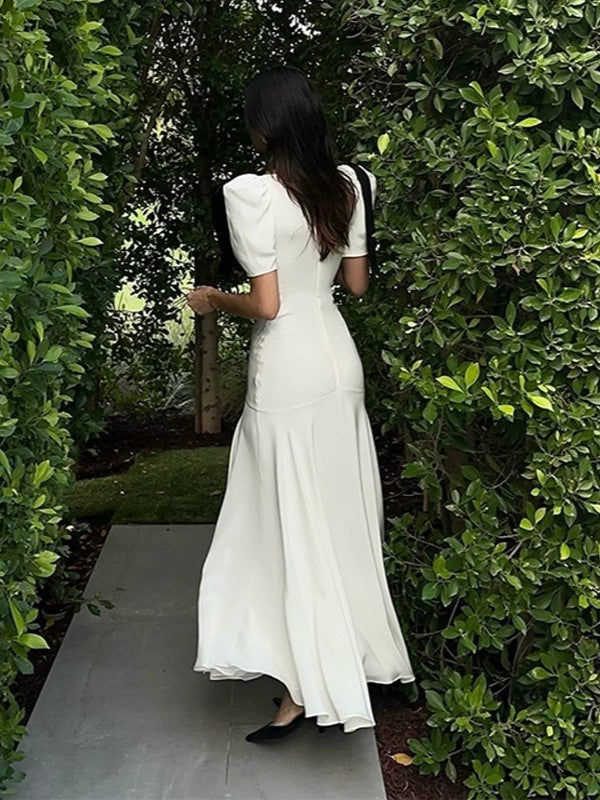 Deep V Puff Sleeve Tie Bow Waist Pleated Maxi Dress 6