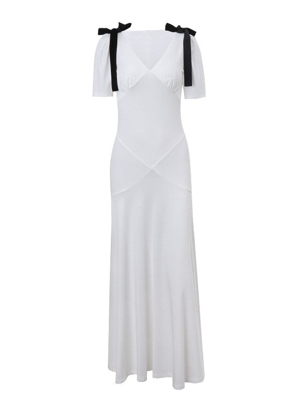 Deep V Puff Sleeve Tie Bow Waist Pleated Maxi Dress 8