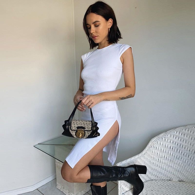 Rib Knit Crew Neck Sleeveless High Slit Bodycon Midi Dress 5