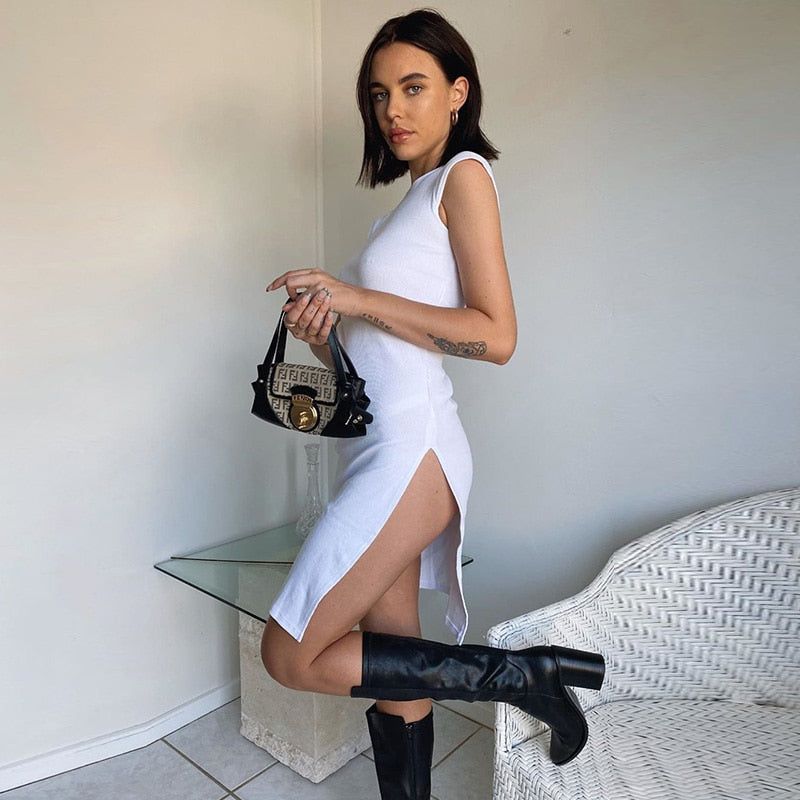 Rib Knit Crew Neck Sleeveless High Slit Bodycon Midi Dress 3