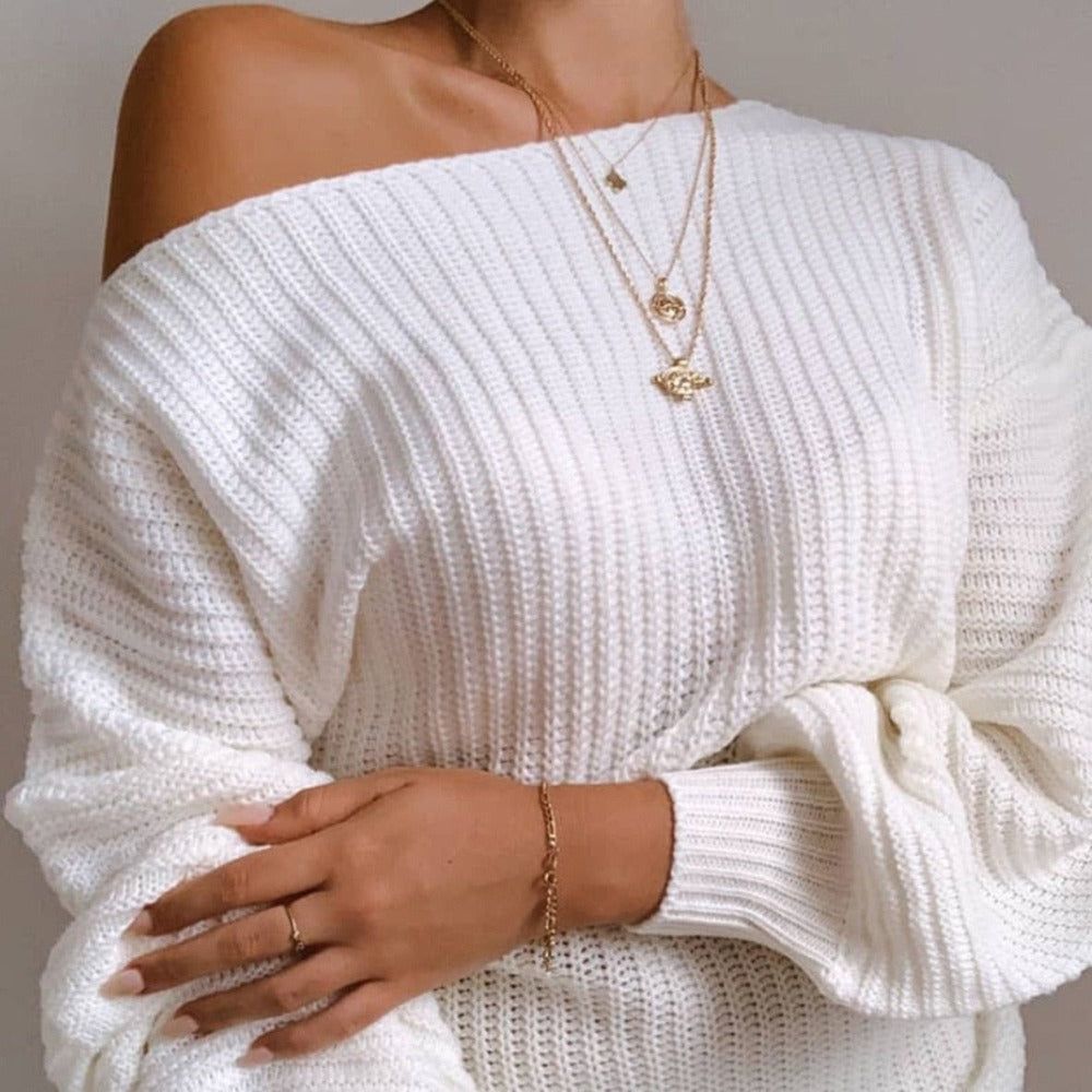 Off Shoulder Chunky Rib Knit Balloon Sleeve Oversized Mini Sweater Dress 6
