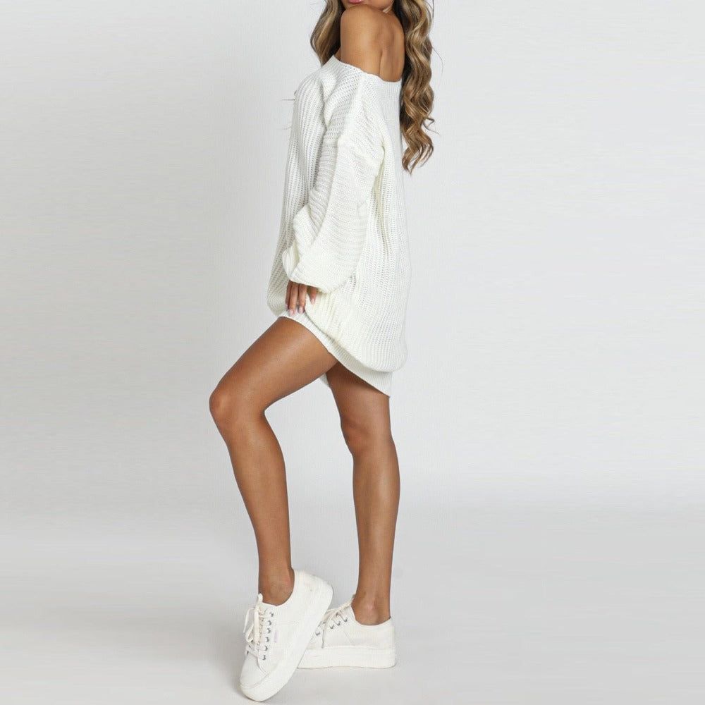 Off Shoulder Chunky Rib Knit Balloon Sleeve Oversized Mini Sweater Dress 5
