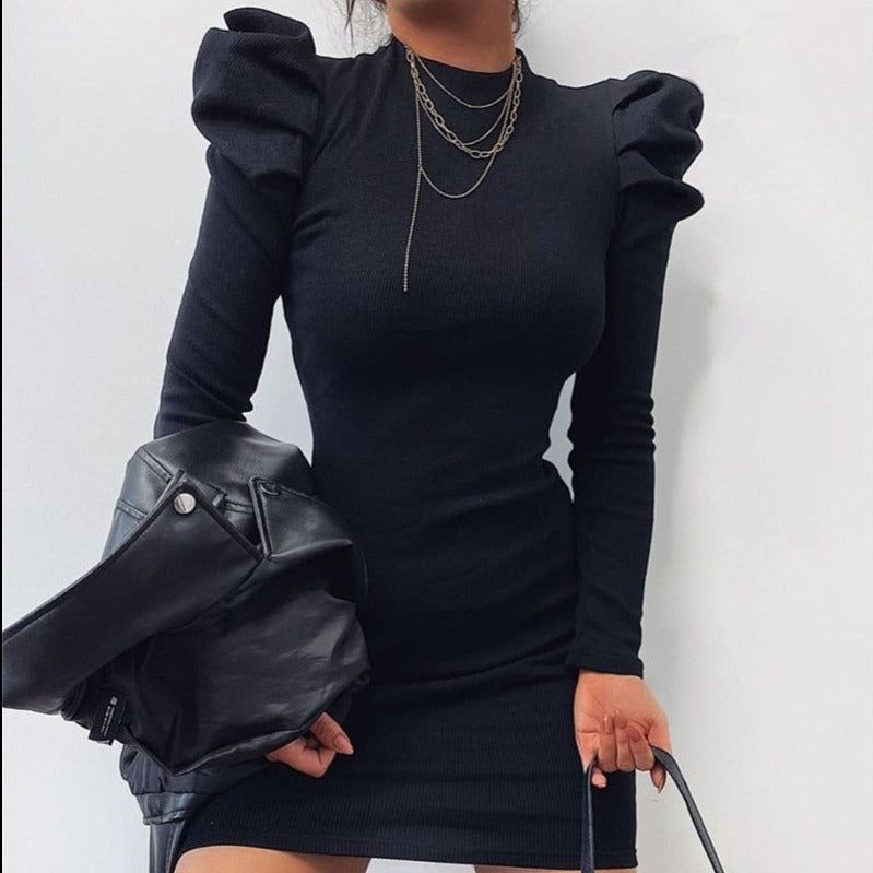 Mock Neck Puff Shoulder Ribbed Bodycon Mini Dress 2