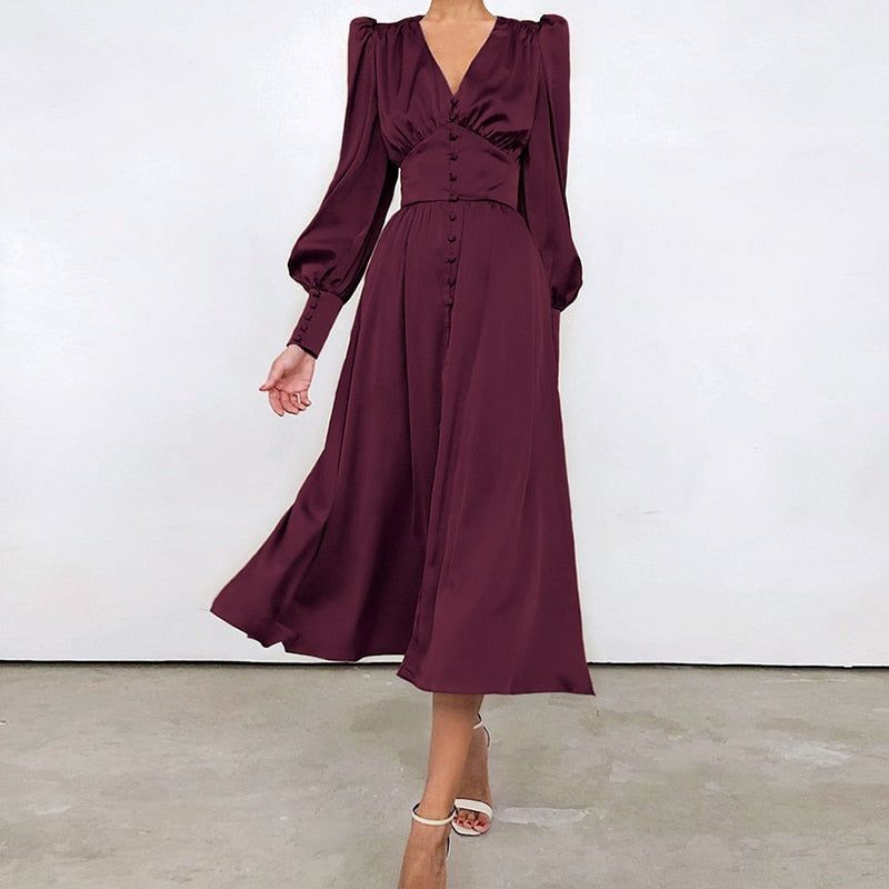 Lantern Sleeve Satin Wrap Midi Dress 7