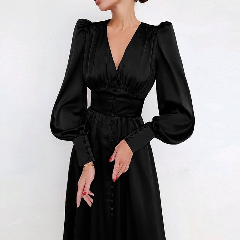 Lantern Sleeve Satin Wrap Midi Dress 6