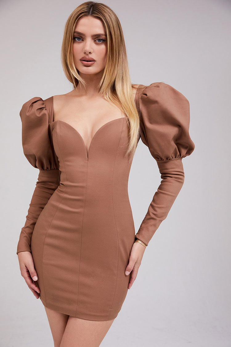 Balloon Sleeve Sweetheart Plunge V-Neck Princess Seam Bodycon Mini Dress 2