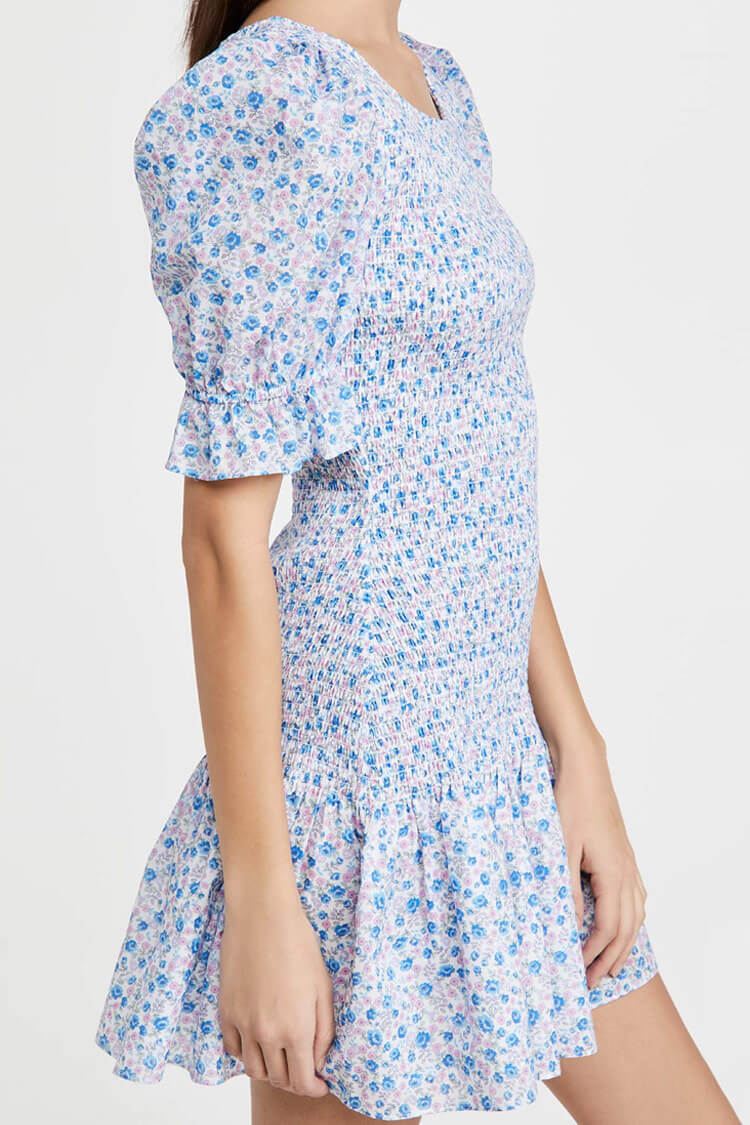 Ditsy Floral Print Scoop Neck Smocked Puff Sleeve Ruffle Hem Mini Dress 2