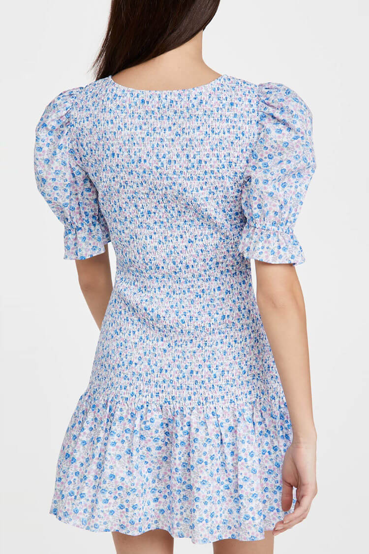 Ditsy Floral Print Scoop Neck Smocked Puff Sleeve Ruffle Hem Mini Dress 3
