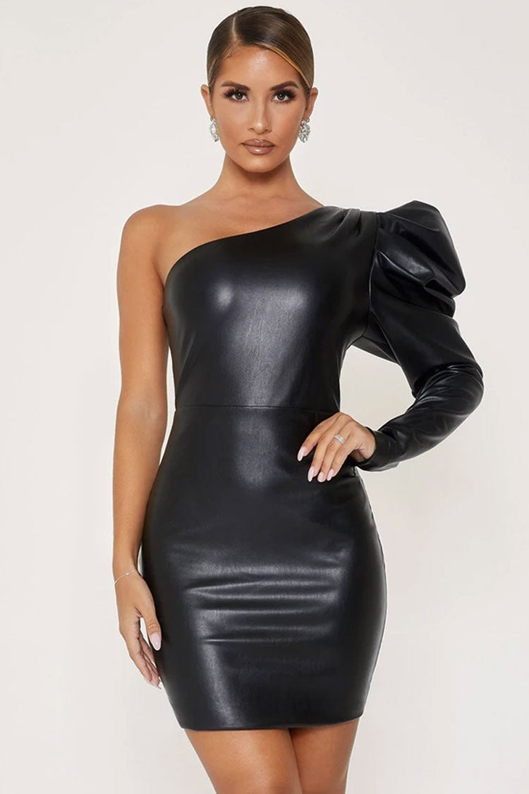 Faux Leather One Shoulder Puff Sleeve Bodycon Mini Dress