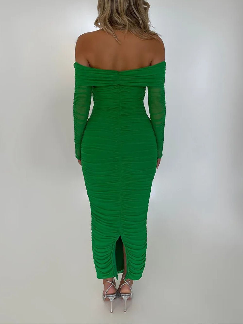 Off-Shoulder Ruched Mesh Long Sleeve Bodycon Maxi Dress 9