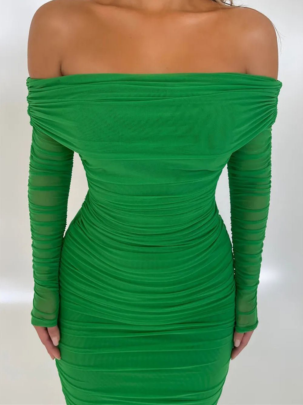 Off-Shoulder Ruched Mesh Long Sleeve Bodycon Maxi Dress 11