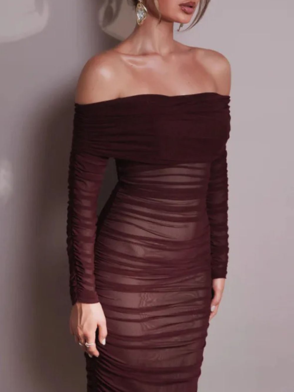 Off-Shoulder Ruched Mesh Long Sleeve Bodycon Maxi Dress 3
