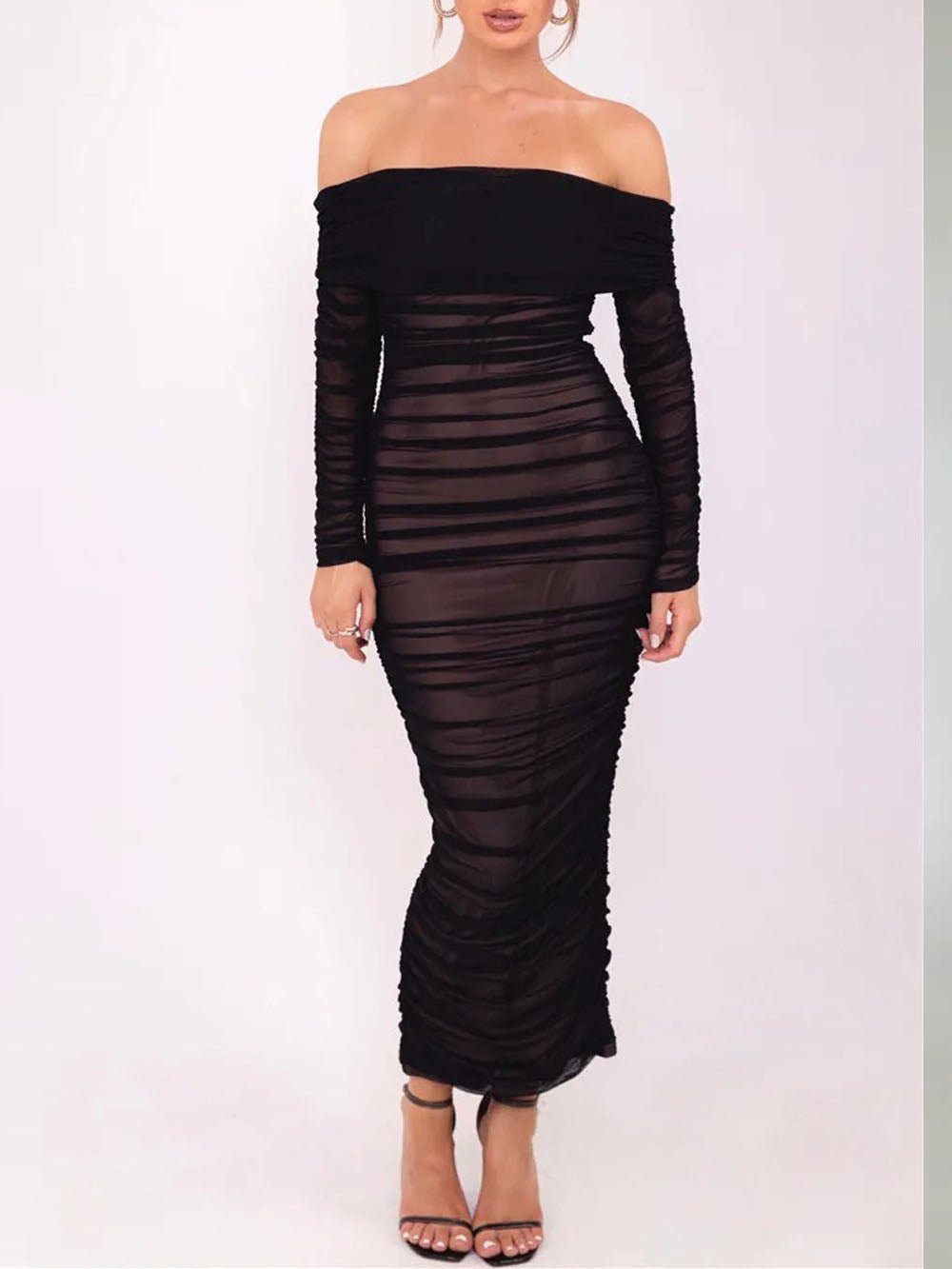 Off-Shoulder Ruched Mesh Long Sleeve Bodycon Maxi Dress 14
