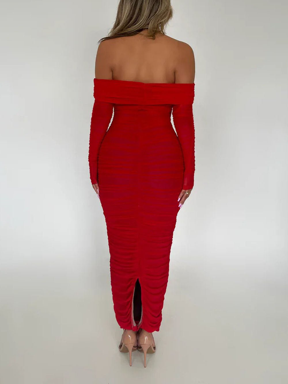 Off-Shoulder Ruched Mesh Long Sleeve Bodycon Maxi Dress 6