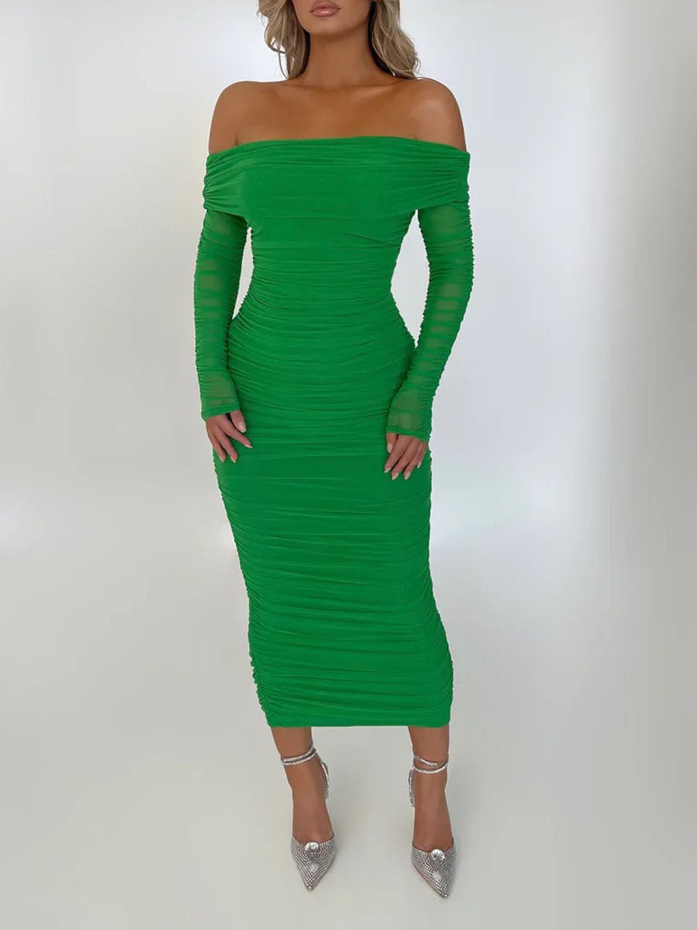 Off-Shoulder Ruched Mesh Long Sleeve Bodycon Maxi Dress 8