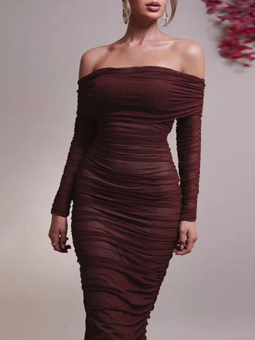 Off-Shoulder Ruched Mesh Long Sleeve Bodycon Maxi Dress 4