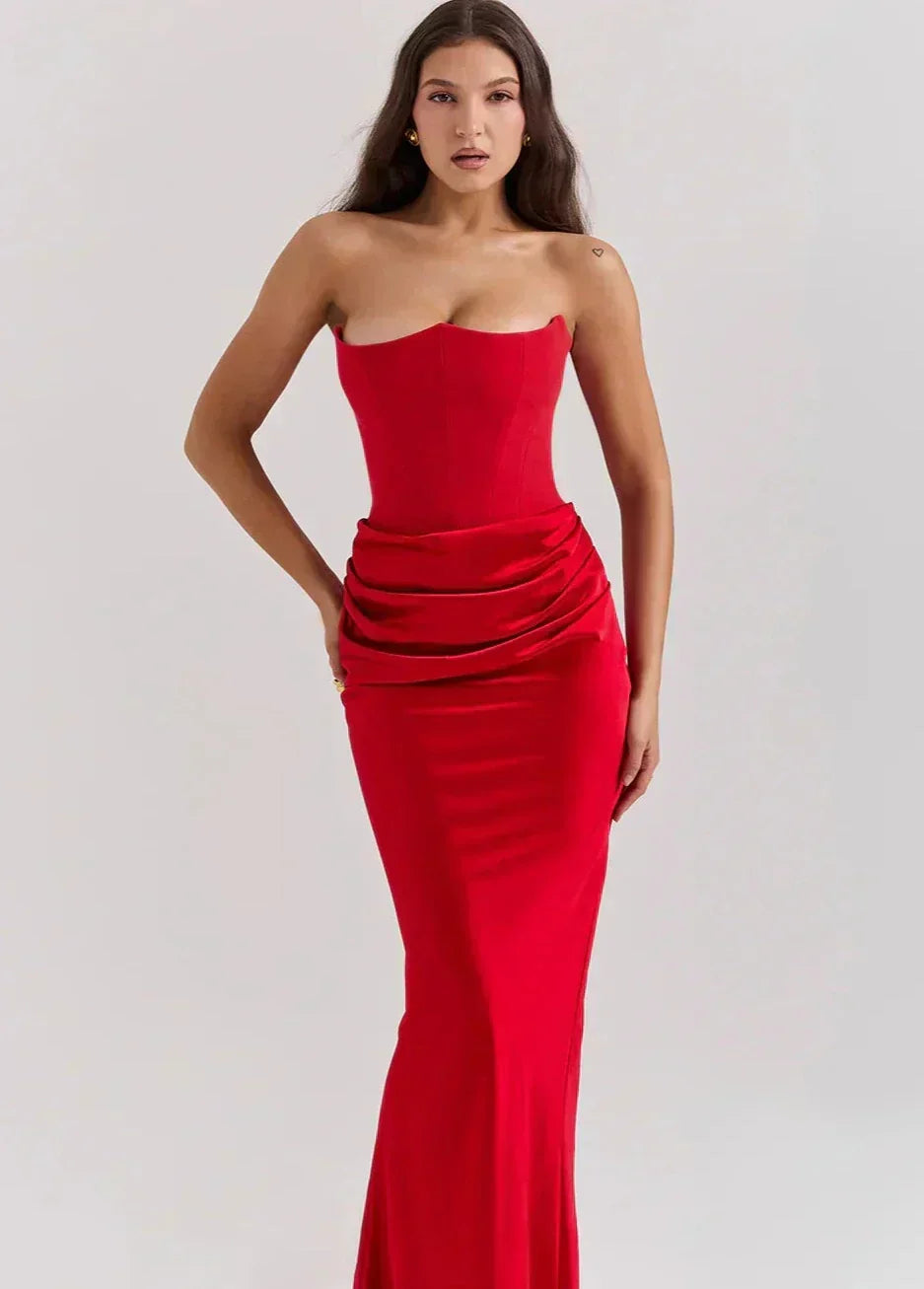 Strapless Pointed Neckline Hip Ruched Column Maxi Gown 9