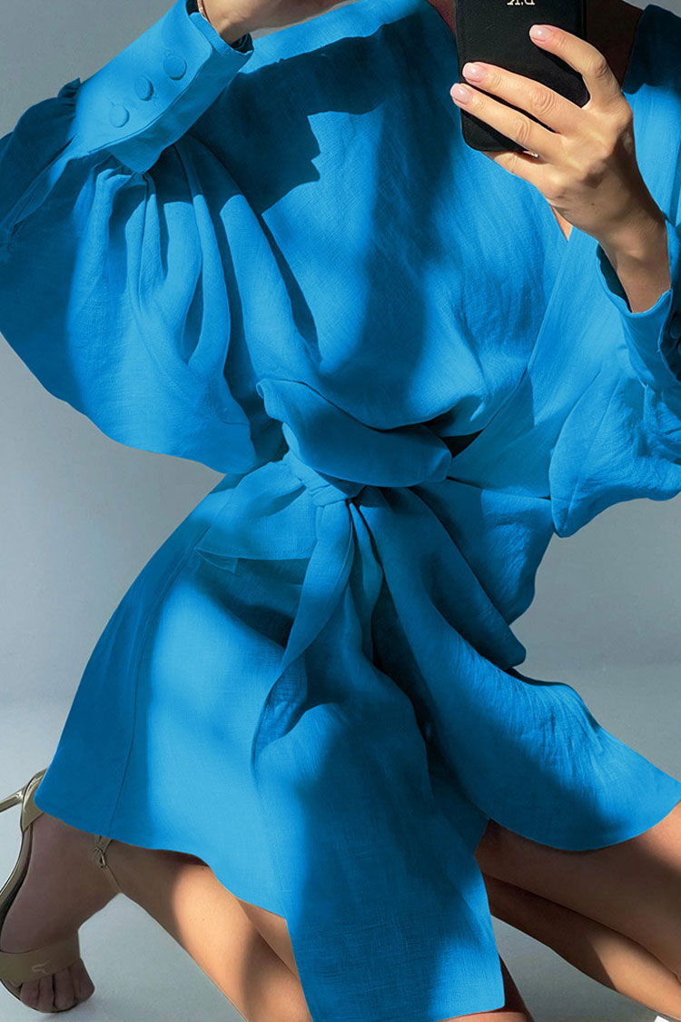 Linen Deep V-Neck Puff Sleeve Cuff Button Side Bow Wrap Mini Dress 2