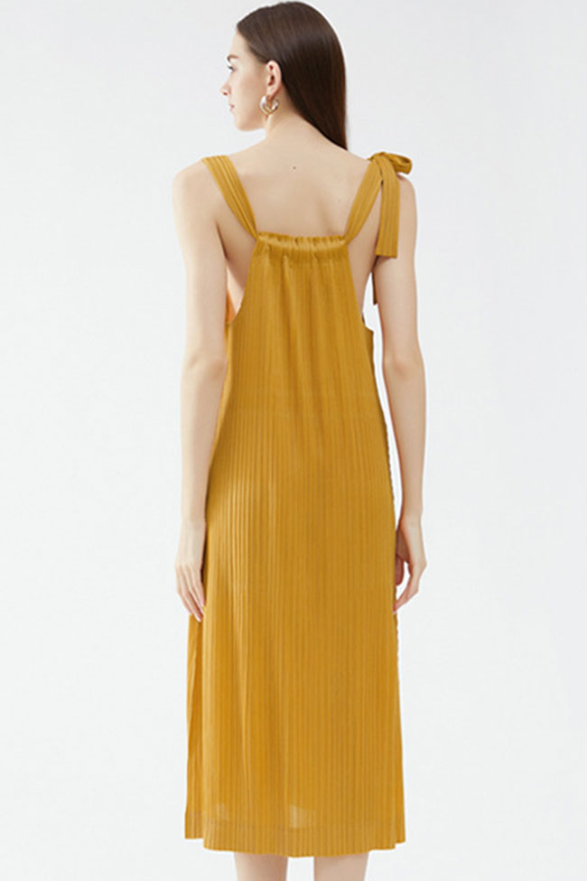 Square Neck Tie Strap Pocketed Pleated Midi Dress 3