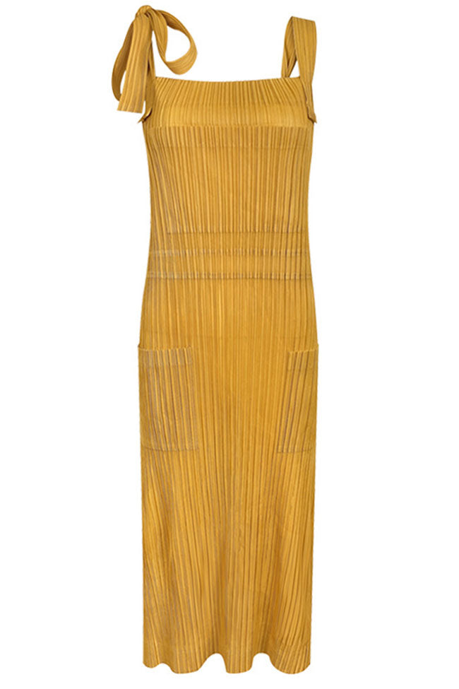 Square Neck Tie Strap Pocketed Pleated Midi Dress 4