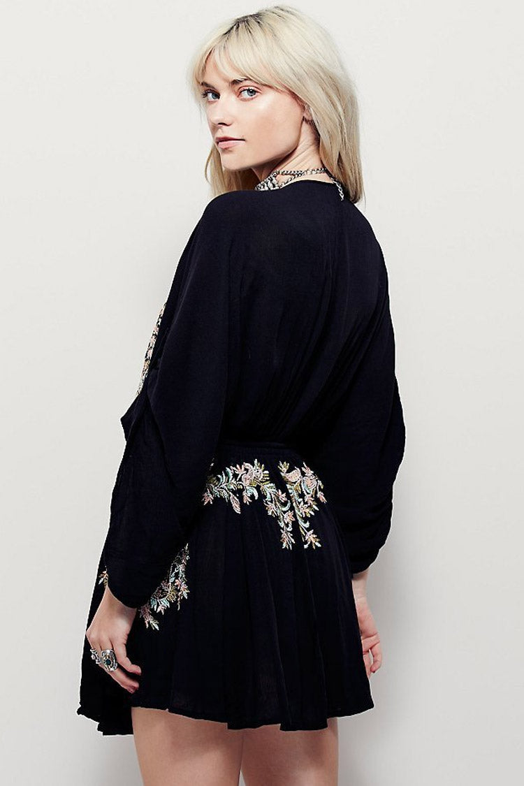Embroidered Deep V-Neck Kimono Sleeve Drawstring Waist Mini Dress 2