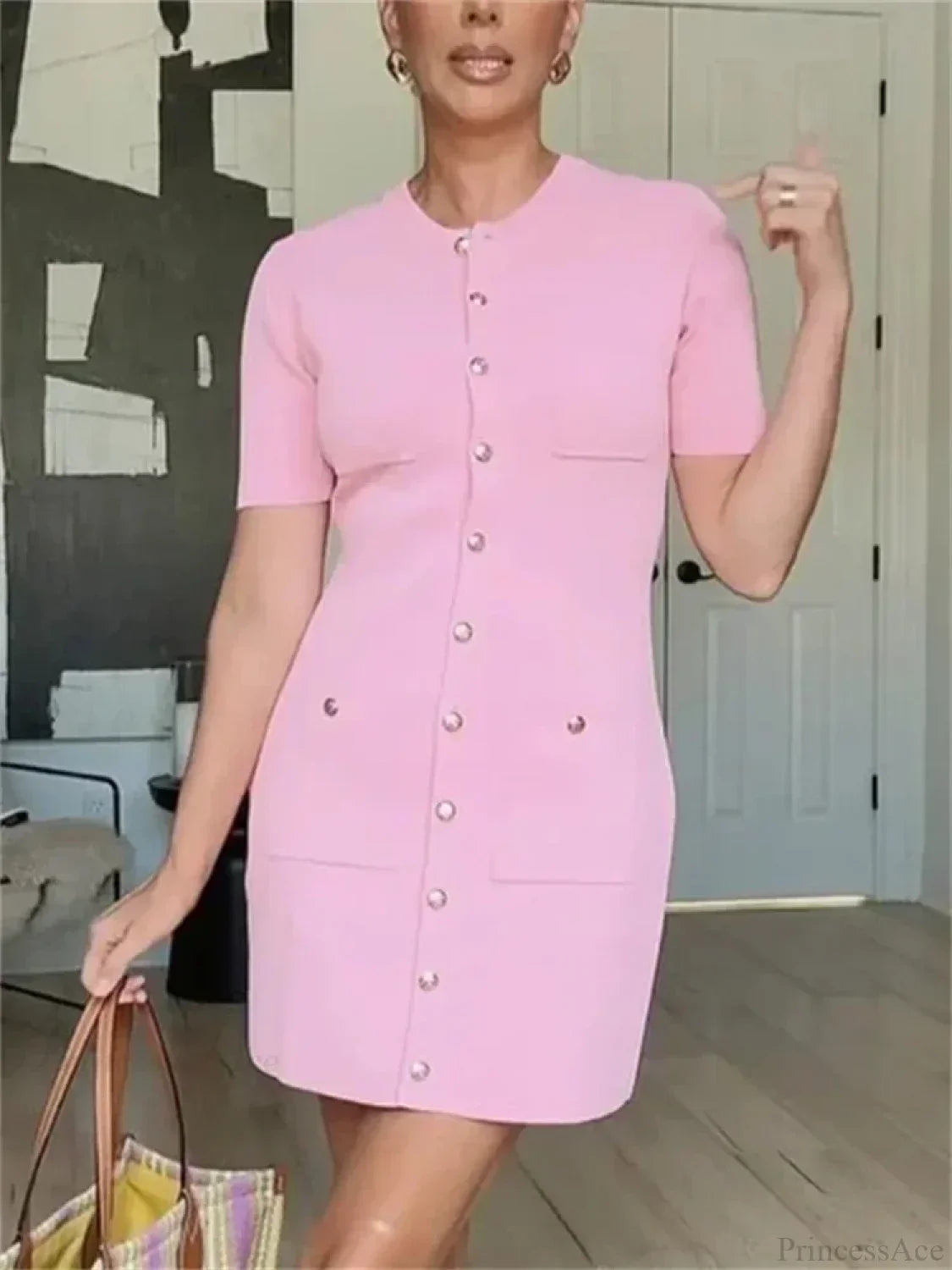 Ribbed Knit Button Front Patch Pocket Mini Dress 5