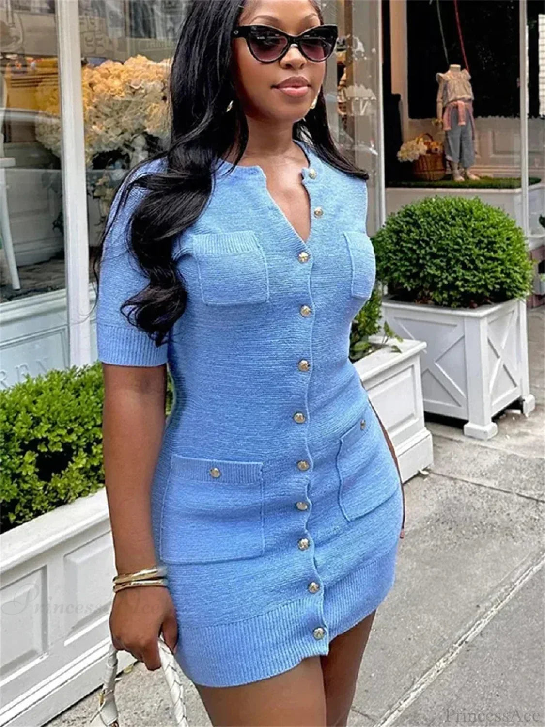 Ribbed Knit Button Front Patch Pocket Mini Dress 4