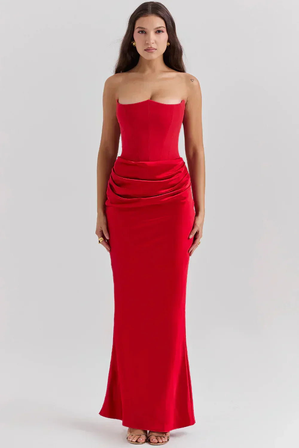 Strapless Pointed Neckline Hip Ruched Column Maxi Gown 10