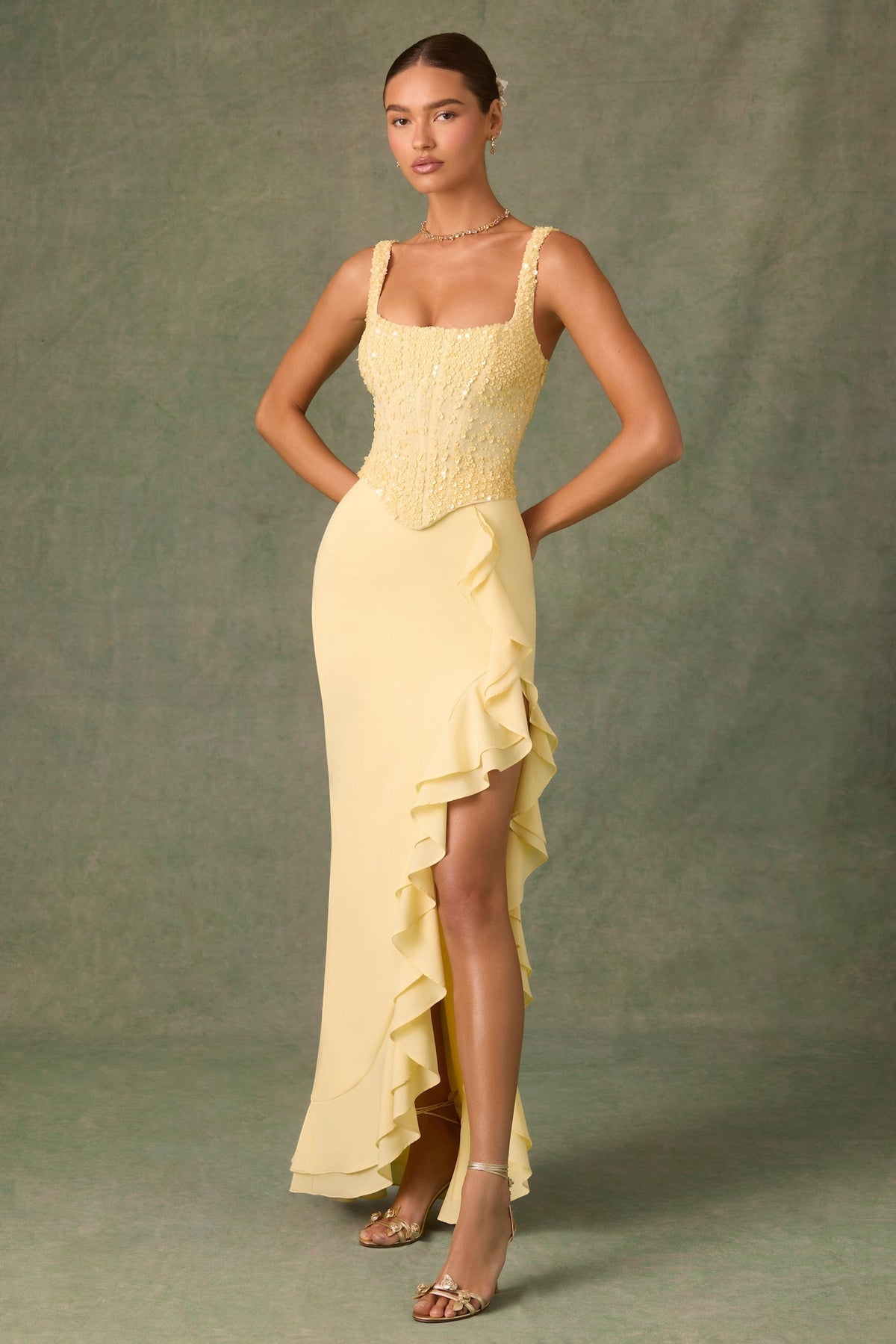 Spaghetti Strap Tiered Ruffle Column Maxi Gown