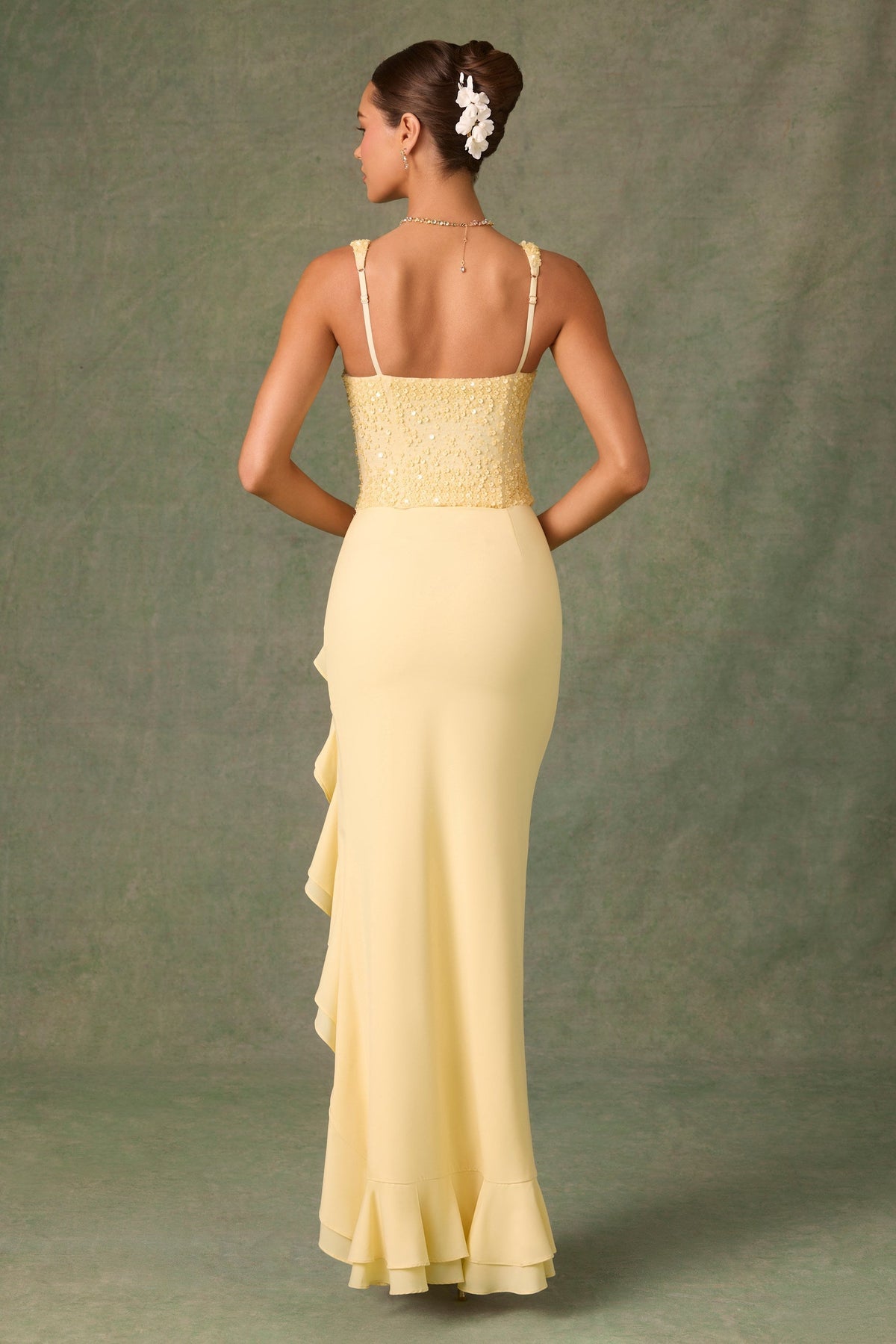 Spaghetti Strap Tiered Ruffle Column Maxi Gown 3