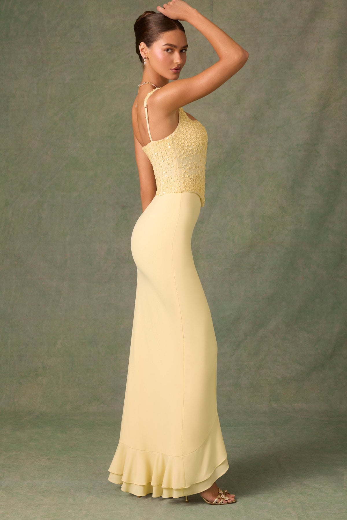 Spaghetti Strap Tiered Ruffle Column Maxi Gown 2