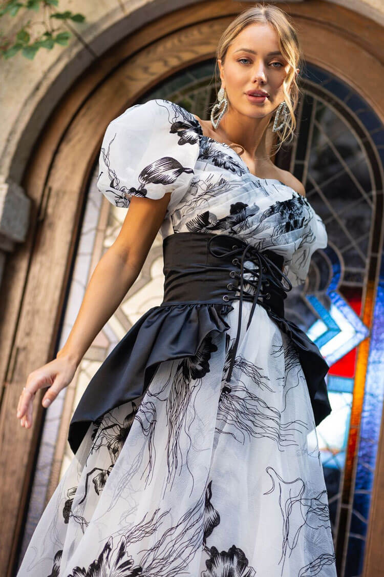 Off-Shoulder Puff Sleeve Floral Organza Lace-Up Corset Belt Peplum Maxi Dress 2