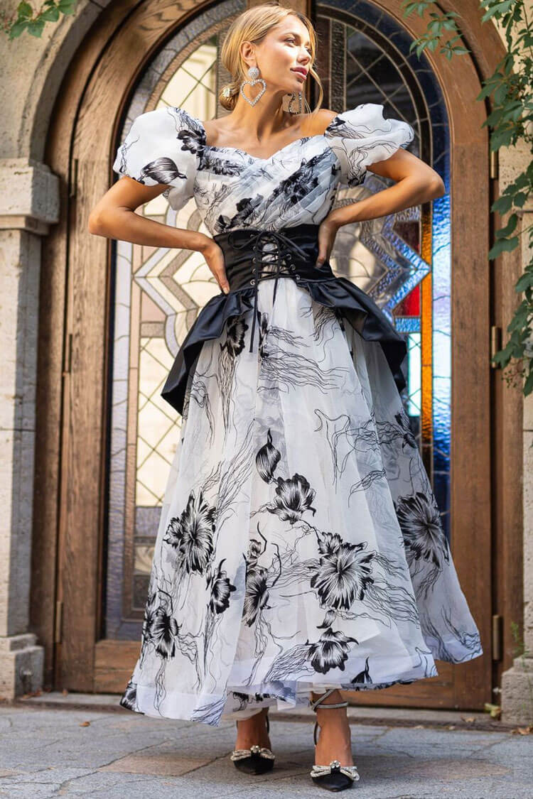 Off-Shoulder Puff Sleeve Floral Organza Lace-Up Corset Belt Peplum Maxi Dress 3
