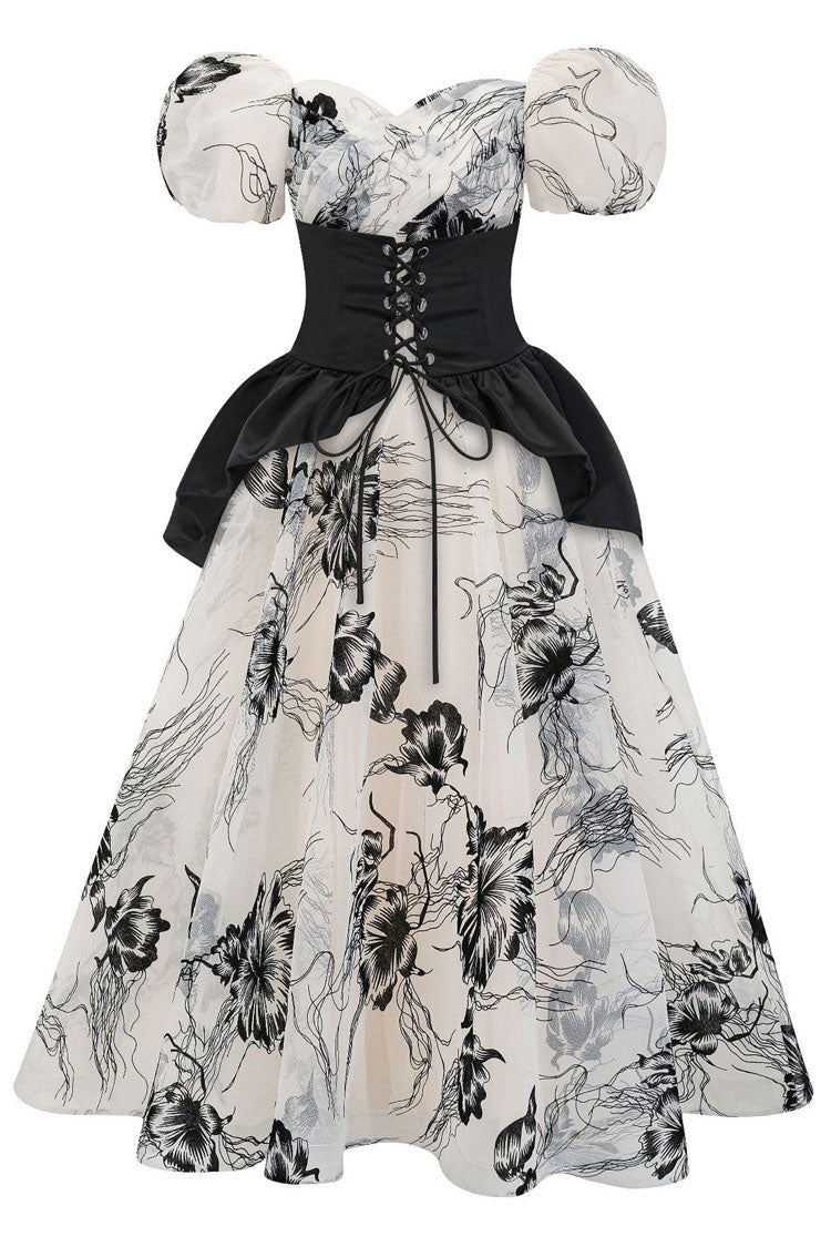 Off-Shoulder Puff Sleeve Floral Organza Lace-Up Corset Belt Peplum Maxi Dress 5