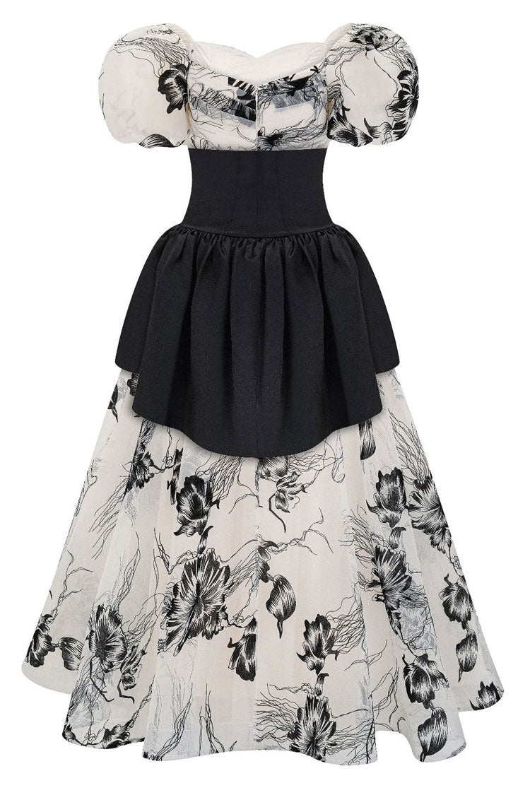 Off-Shoulder Puff Sleeve Floral Organza Lace-Up Corset Belt Peplum Maxi Dress 6