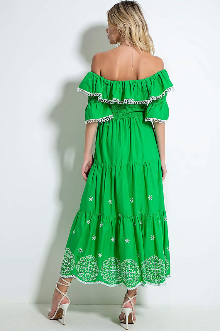 Off Shoulder Smocked Embroidered Floral Tiered Maxi Dress 2