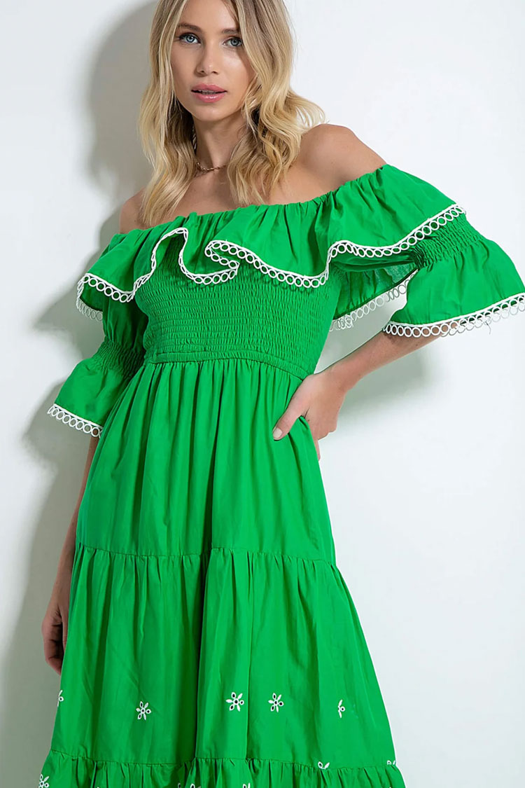 Off Shoulder Smocked Embroidered Floral Tiered Maxi Dress 3