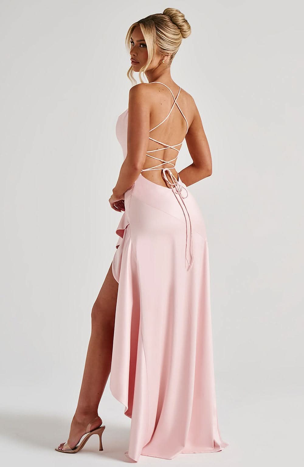 Spaghetti Strap High Low Ruffle Hem Side Slit Bodycon Maxi Dress 13