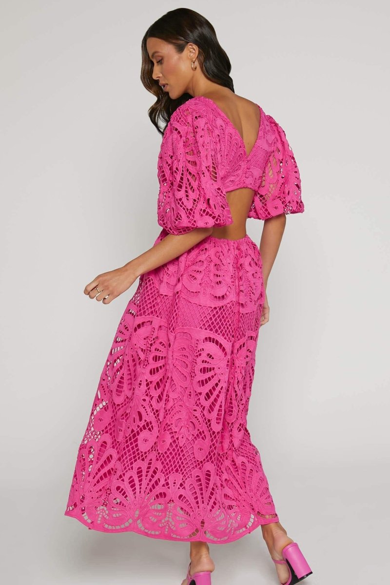 Lace Deep V-Neck Puff Sleeve Waist Cut Out Tiered Midi Dress 7