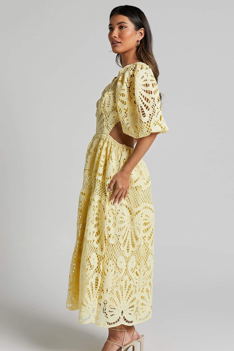 Lace Deep V-Neck Puff Sleeve Waist Cut Out Tiered Midi Dress 3